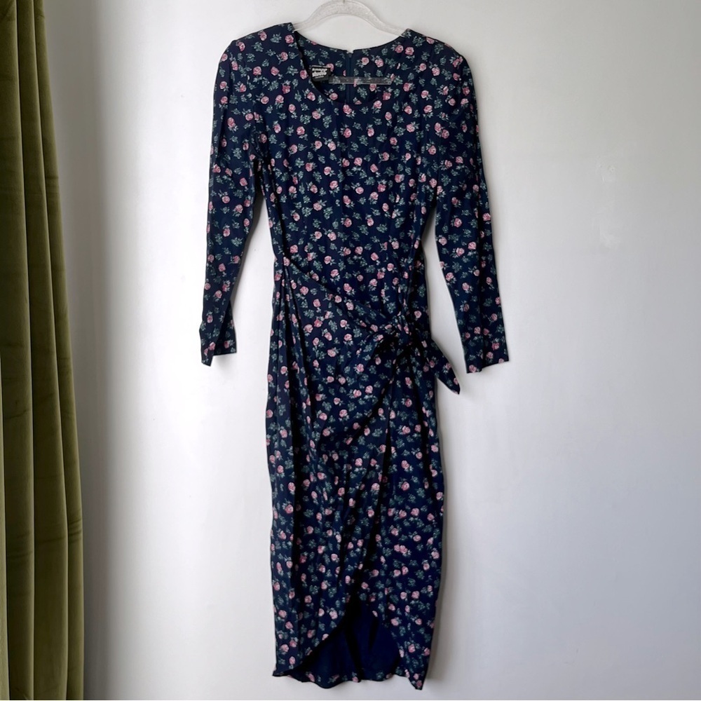 Vintage 90s Knapp Studio Blue Floral Wrap Midi Dress S